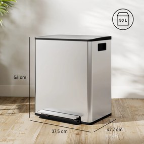 Caixote do lixo de cozinha com 2 compartimentos de 2 x 25 L, aço inoxidável, tampa com fecho suave, 47,7 x 37,5 x 56 cm, prateado