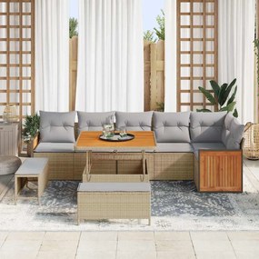 Conjunto de Sofá de Jardim de 9 Peças com Almofadas Bege Rattan Sintét