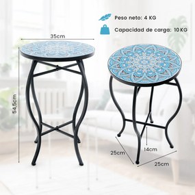 Mesa auxiliar de jardim em Mosaico 35 x 55 cm (diâmetro x altura) com tampo em cerâmica resistente para varanda e jardim Azul