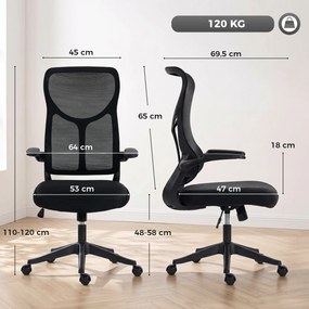 Cadeira de Escritório Ergonómica Giratória com Braços Rebatíveis Função de Balanço Altura Regulável em Rede Preto