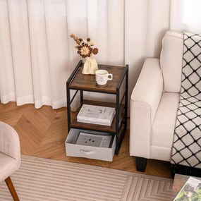 Mesa de cabeceira, mesa apoio industrial com estante aberta e gaveta em tecido quadrada de 40 cm para sala de estar e quarto Castanho