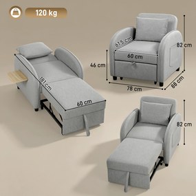 Poltrona-cama de 1 lugar, Poltrona-cama 3 em 1, Encosto ajustável, Apoio lateral rebatível, Cinzento