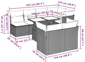 8 pcs conjunto de sofás p/ jardim com almofadões vime PE bege
