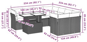 9 pcs conjunto de sofás p/ jardim c/ almofadões vime PE preto
