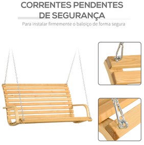Outsunny Banco Baloiço de Madeira de 2 Lugares Baloiço Suspenso Carga Máxima 250kg para Jardim Terraço Balcão Exterior 141,5x51x78cm Natural