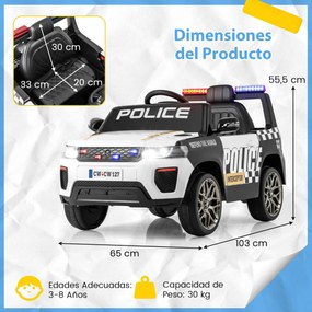 Carro de polícia elétrico com bateria de 12V 7A para crianças com Controlo remoto Sirene de música e luz LED intermitente Preto+Branco