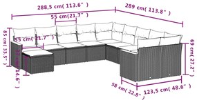 11 pcs conjunto sofás de jardim c/ almofadões vime PE cinzento