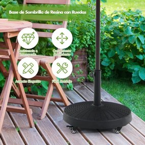 Base para guarda-sol de 43,5 cm em resina, carga 23 kg com rodas bloqueáveis, orifício ajustável para poste, design em rattan Preto