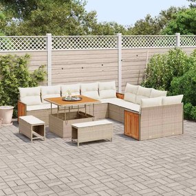 Conjunto de Sofá de Jardim de 13 Peças com Almofadas Bege Vime PE Acác