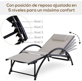 Outsunny Espreguiçadeira de Jardim Reclinável com Encosto Ajustável de 5 Níveis Apoio para os Pés Regulável e Apoio para a Cabeça Removível para Terraço Balcão Exterior 66x152x81cm Bege