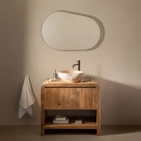 Conjunto De Móvel De Casa De Banho Em Madeira Vacry Castanho Acácia & Irregular Em Cimento Bege ??40 Cm Fedro & Oval Led E - Sklum