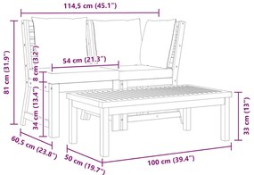 3 pcs conjunto lounge jardim c/ almofadões cor creme acácia