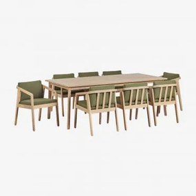 Conjunto De Mesa Retangular 220x100 Cm E 8 Cadeiras De Jardim Em Madeira De Acácia Kaela Marrom Acácia Claro & Bouclé Verde Sálvia - Sklum
