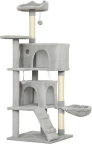 PawHut Arranhador para Gatos com Múltiplas Plataformas Cama 2 Cavernas Rede Escada Postes de Sisal 48x48x140 cm Cinzento Claro | Aosom Portugal