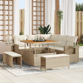 Conjunto de Sofá de Jardim 8 Peças com Almofadas Bege Rattan Polímero Acácia