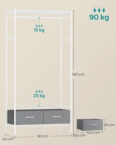 Guarda roupa com 2 gavetas 40 x 90 x 180 cm Cinzento e branco