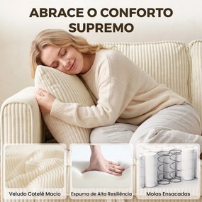 Sofá modular em L de 235 cm com arrumação e ottoman em bombazina, creme