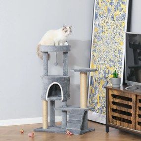 Arranhador para Gatos Médio de 5 Níveis com Plataforma Ninho Postes de Sisal Escada e Bola Suspensa 60x40x100 cm Cinza