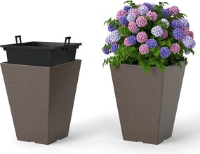 Conjunto de 2 vasos quadrados 25 x 25 x 35 cm cónicos com rega automática, cubo interior removível e orifícios de drenagem Castanho