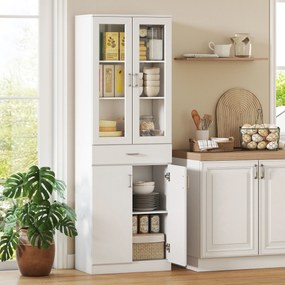 Armário de cozinha 60x35x180 cm, 4 portas, das quais 2 em vidro, gavetas, prateleiras ajustáveis, branco