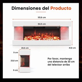 Lareira Elétrica de Parede com Vista Tripla, 101,6 x 20,6 x 41,8 cm, Controlo por Wi-Fi, Branco