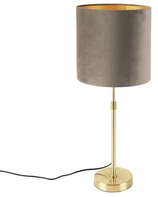 Candeeiro de mesa dourado/latão com abajur em veludo taupe 25 cm - Parte Country / Rústico