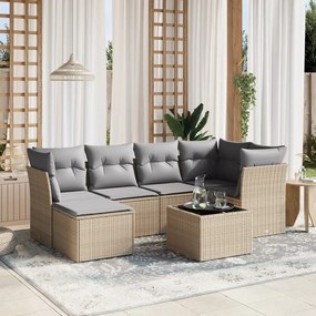 7 pcs conj. sofás jardim c/ almofadões vime PE bege misturado