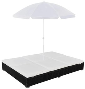 vidaXL Espreguiçadeira de exterior com guarda-sol vime PE preto