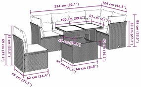 6 pcs conjunto sofás de jardim c/ almofadões vime PE preto