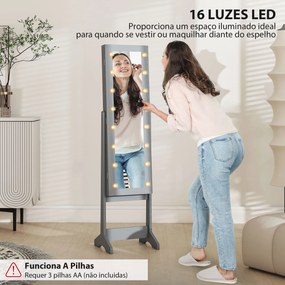 Espelho Joalheiro com Luzes LED Armário para Joias com Ângulo Ajustável  Prateleiras Ranuras para Anéis 36x30x136 cm Cinzento