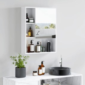 Armário de parede para casa de banho com espelho 60 x 15 x 76 cm, móvel de casa de banho, 5 compartimentos e prateleira ajustável, branco