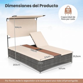 Espreguiçadeira Dupla de Jardim, 203 x 147 x 164 cm, Encostos Ajustáveis em 6 Níveis, Bege