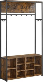 Cabide de corredor VASAGLE com banco e sapateira, cabideiro com banco para sapatos, móveis para corredor, compartimentos abertos, estilo industrial, economia de espaço, marrom rústico e preto-tinta HSR432K01