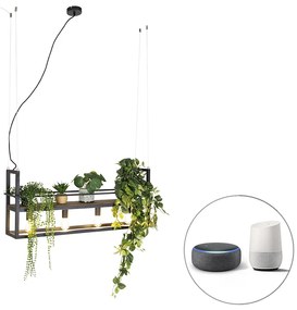 LED Candeeiro de suspensão inteligente preto com madeira e prateleira 4 luzes incl. Wifi A60 - Cage Rack Industrial