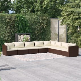 vidaXL 8 pcs conjunto lounge jardim c/ almofadões vime PE castanho