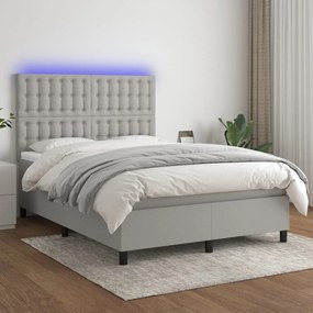 Cama box spring c/ colchão e LED 140x190 cm tecido cinza-claro