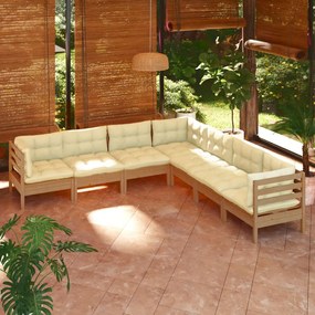 7pcs conj lounge jardim c/ almofadões pinho maciço castanho-mel