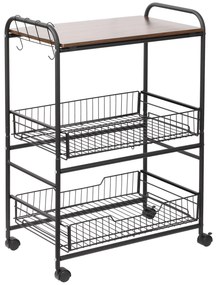HOMCOM Carrinho de Cozinha 3 Níveis Armazenamento Rodízios 2 Cestos Removíveis Prateleira e Ganchos Laterais 60x38x85,5 cm Nogueira | Aosom Portugal
