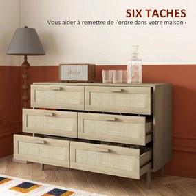 Cómoda com 6 gavetas, móvel de arrumação com trançado de vime, 110 x 40 x 75 cm, acabamento em madeira clara