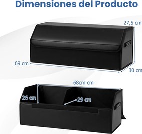 Organizador dobrável para porta-malas Carro 51L com tampa lisa em couro 30 x 69 x 27,5 cm e divisória ajustável Grande capacidade Preto