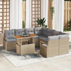 Conjunto de Sofá de Jardim de 9 Peças com Almofadas Bege Rattan Poliés