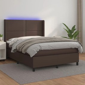 Cama box spring c/ colchão/LED 140x200 cm couro artif. castanho