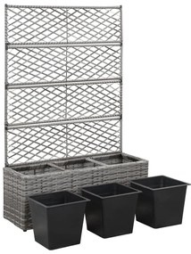 Floreira com treliça e 3 vasos 83x30x130 cm vime PE cinzento