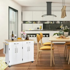 Carrinho para ilha de cozinha com tampo de madeira Estantes ajustáveis 2 gavetas grandes 122 x 48 x 92,5 cm Branco