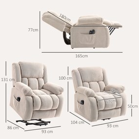 Poltrona elevatória elétrica com massagem e aquecimento, apoio para os pés, encosto reclinável, comando à distância e bolso lateral bege