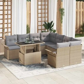 vidaXL Conjunto de Sofá de Jardim de 9 Peças com Almofadas em Rattan Bege