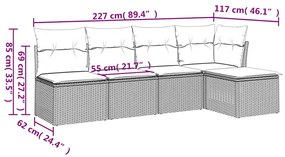 5 pcs conj. sofás jardim c/ almofadões vime PE cinzento-claro