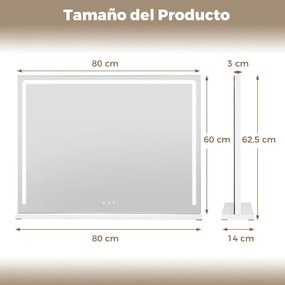 Espelho de Toucador Hollywood, 80 x 14 x 62,5 cm, Iluminação LED com 3 Tons, Branco