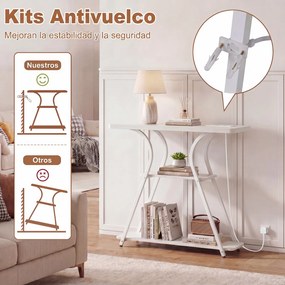 Mesa consola com luzes LED e base de carregamento 79,5 x 30,5 x 81,5 cm, 3 níveis, estantes abertas, kit anti-tombamento, estrutura metálica, para sal