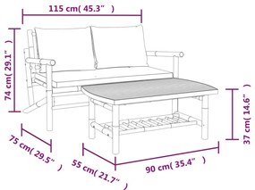 2 pcs conjunto lounge de jardim bambu c/ almofadões branco nata